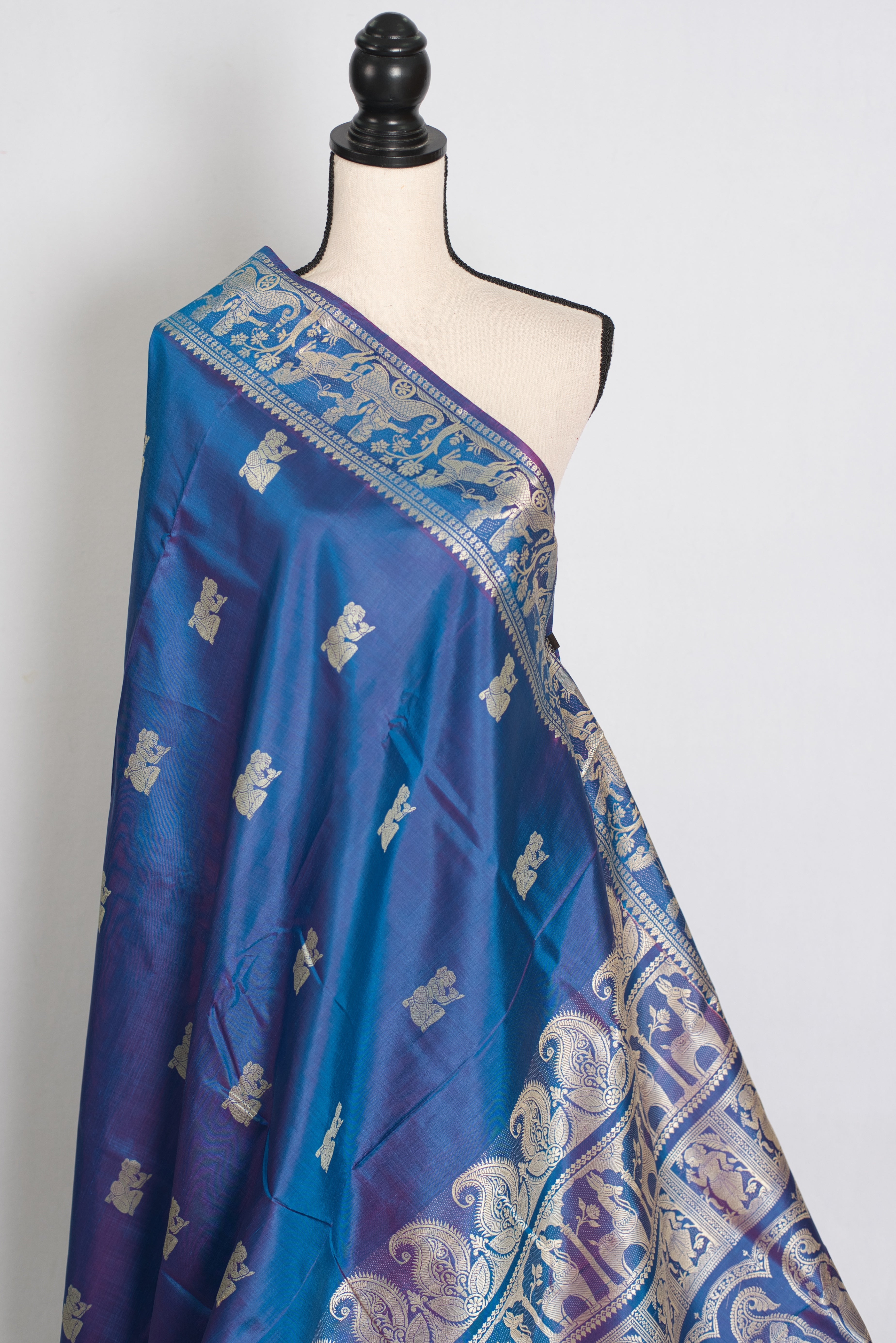 Arpita | Peacock Blue and Cream Handwoven Baluchari Silk Saree