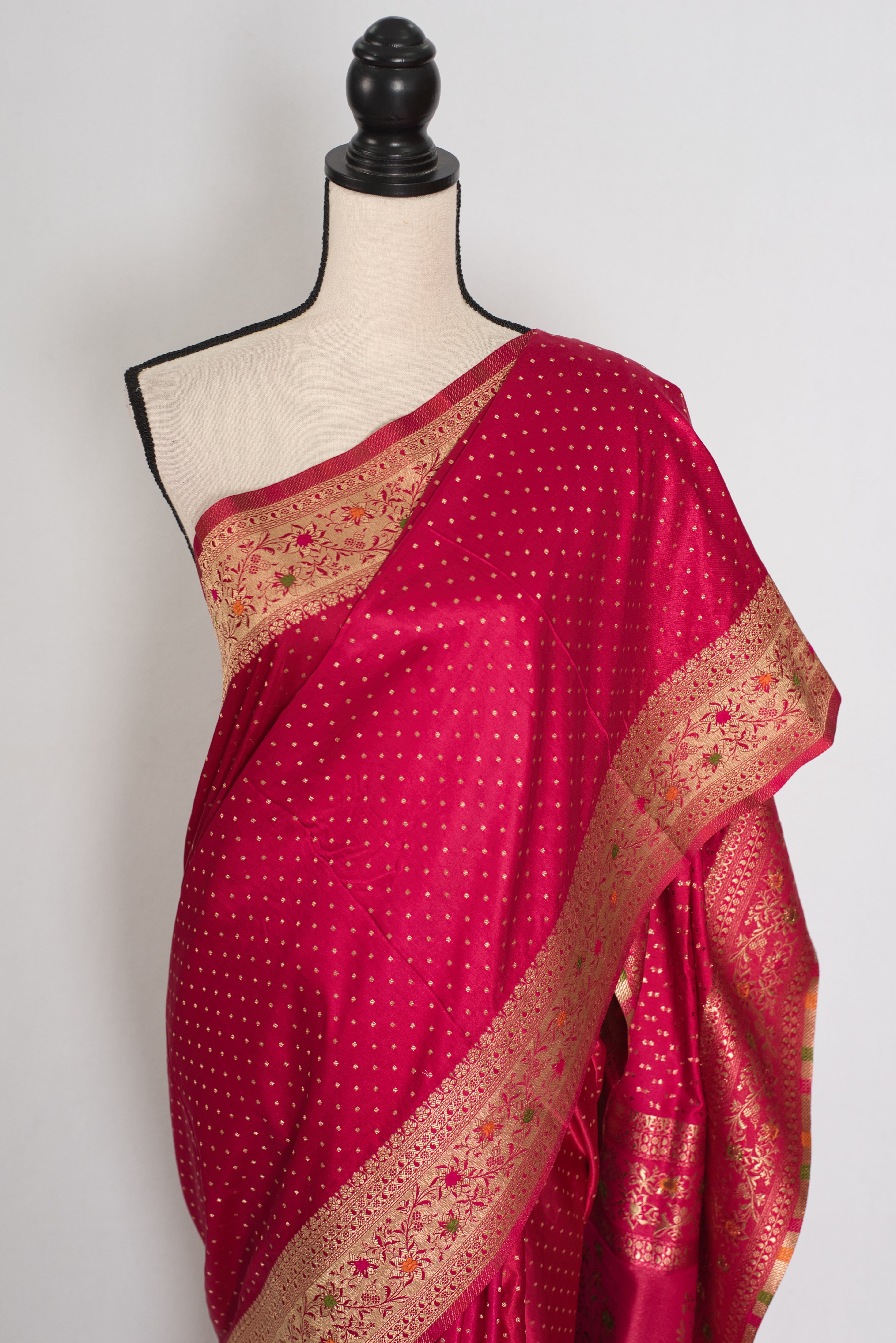 Rosy | Rose Pink Semi Mashru Banarasi Saree | Pre-Stitched Size 40 Blouse