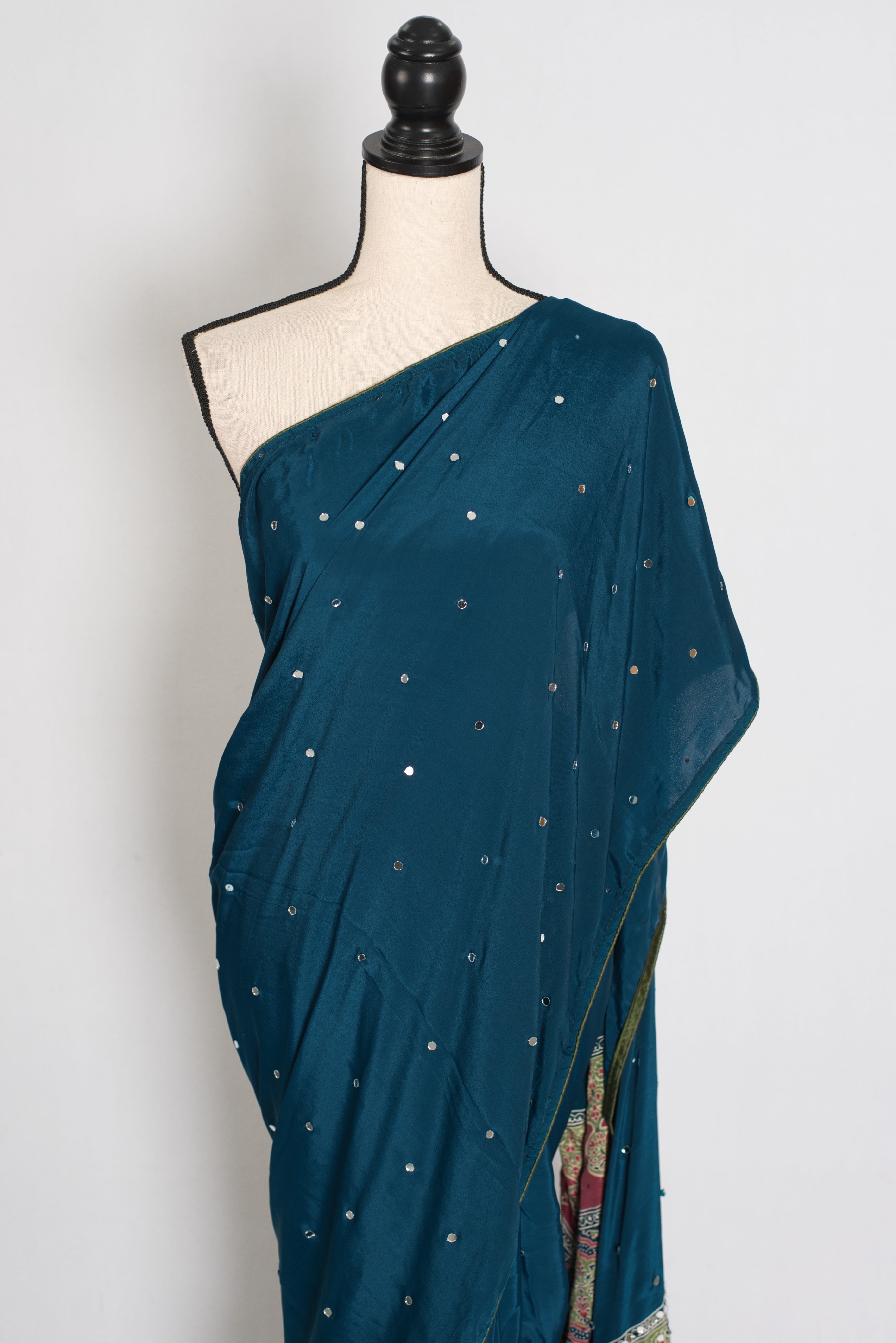Ira | Teal Blue Mirror Work Partywear Saree | Ajrakh Printed Pallu & Blouse