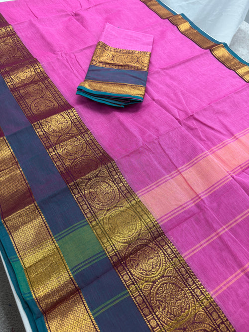 Abira : Handwoven Kanchi Cotton Saree in Pink and Peacock Blue