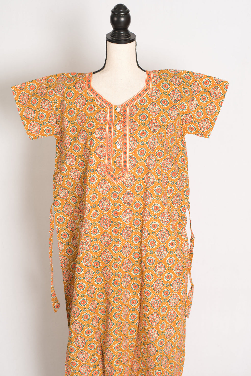 Pure Cotton Mustard Yellow Kalamkari Printed Long Nighty in Regular Size