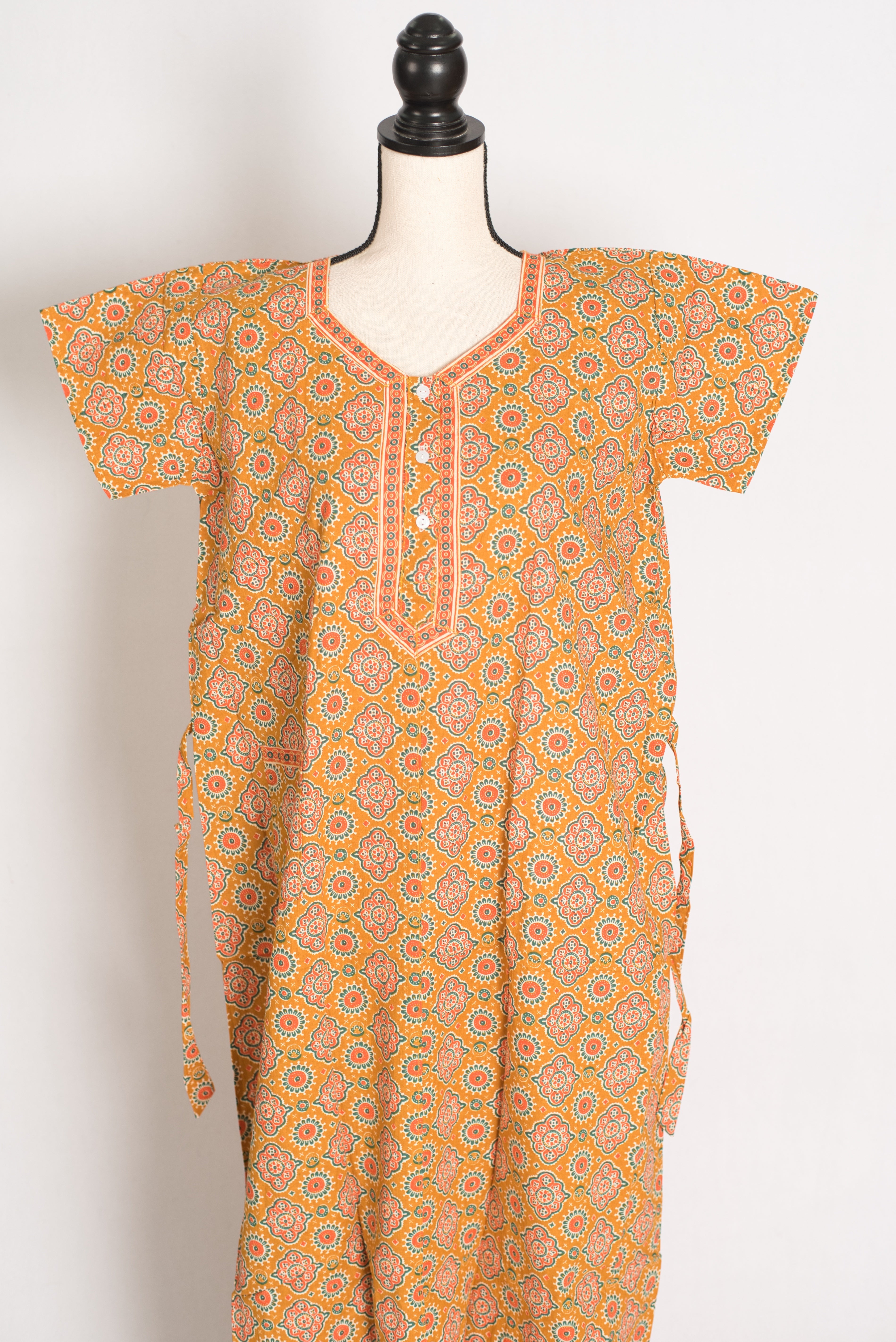Pure Cotton Mustard Yellow Kalamkari Printed Long Nighty in Regular Size