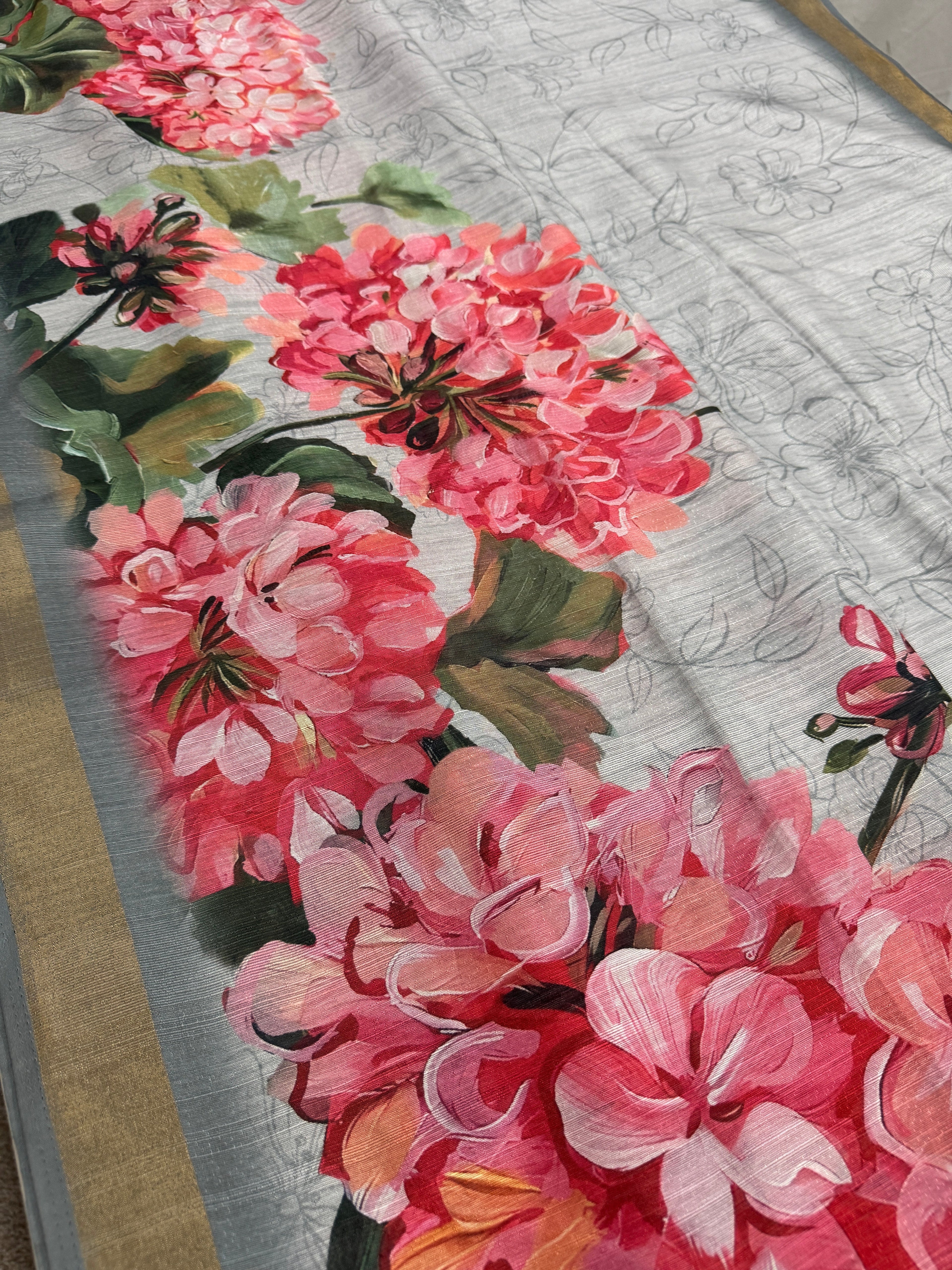 Ila | Grey & Vibrant Pink Floral Printed Semi Tussar Saree