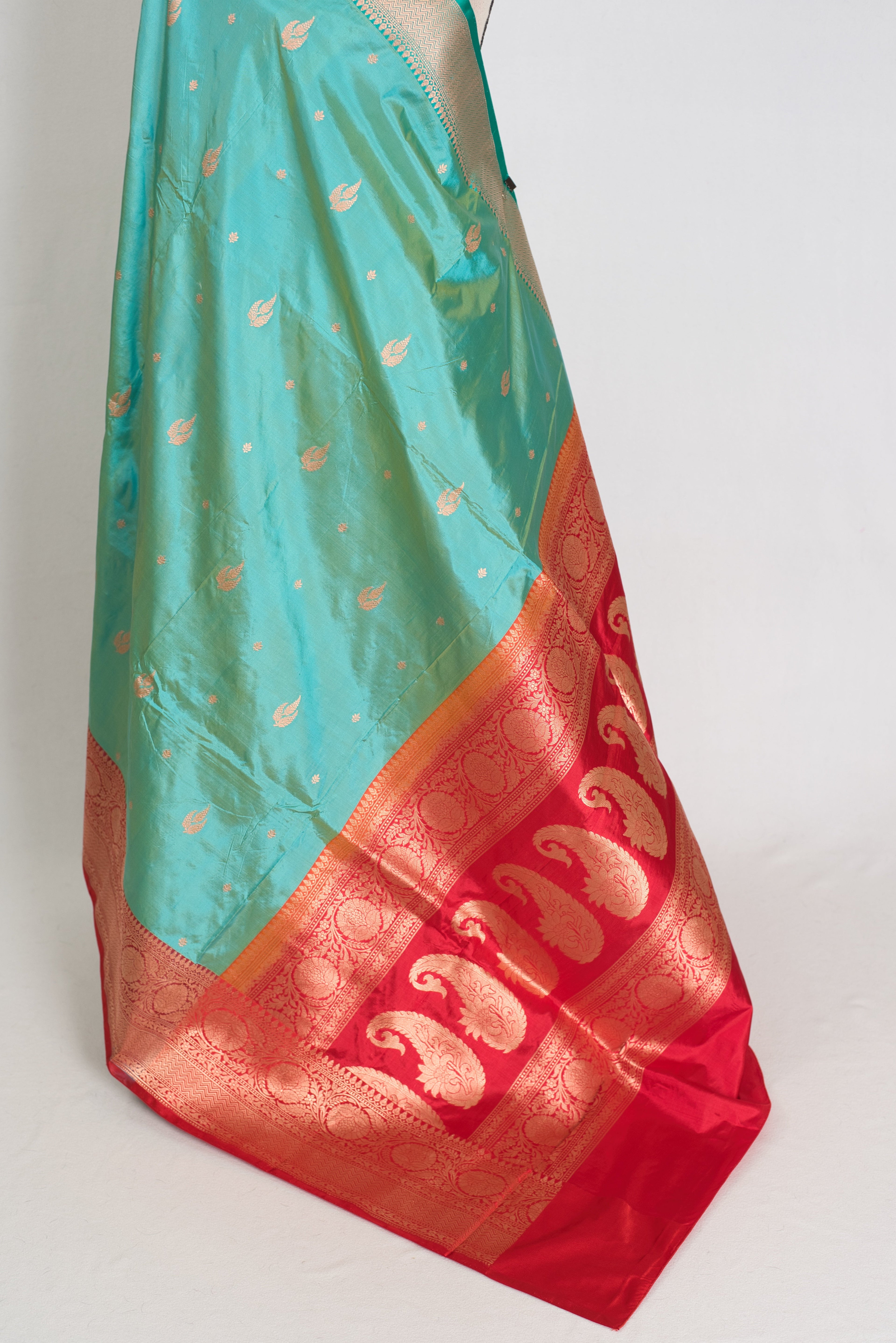 Nandini | Sea Green & Red Ganga Jamuna Border Banarasi Silk Saree