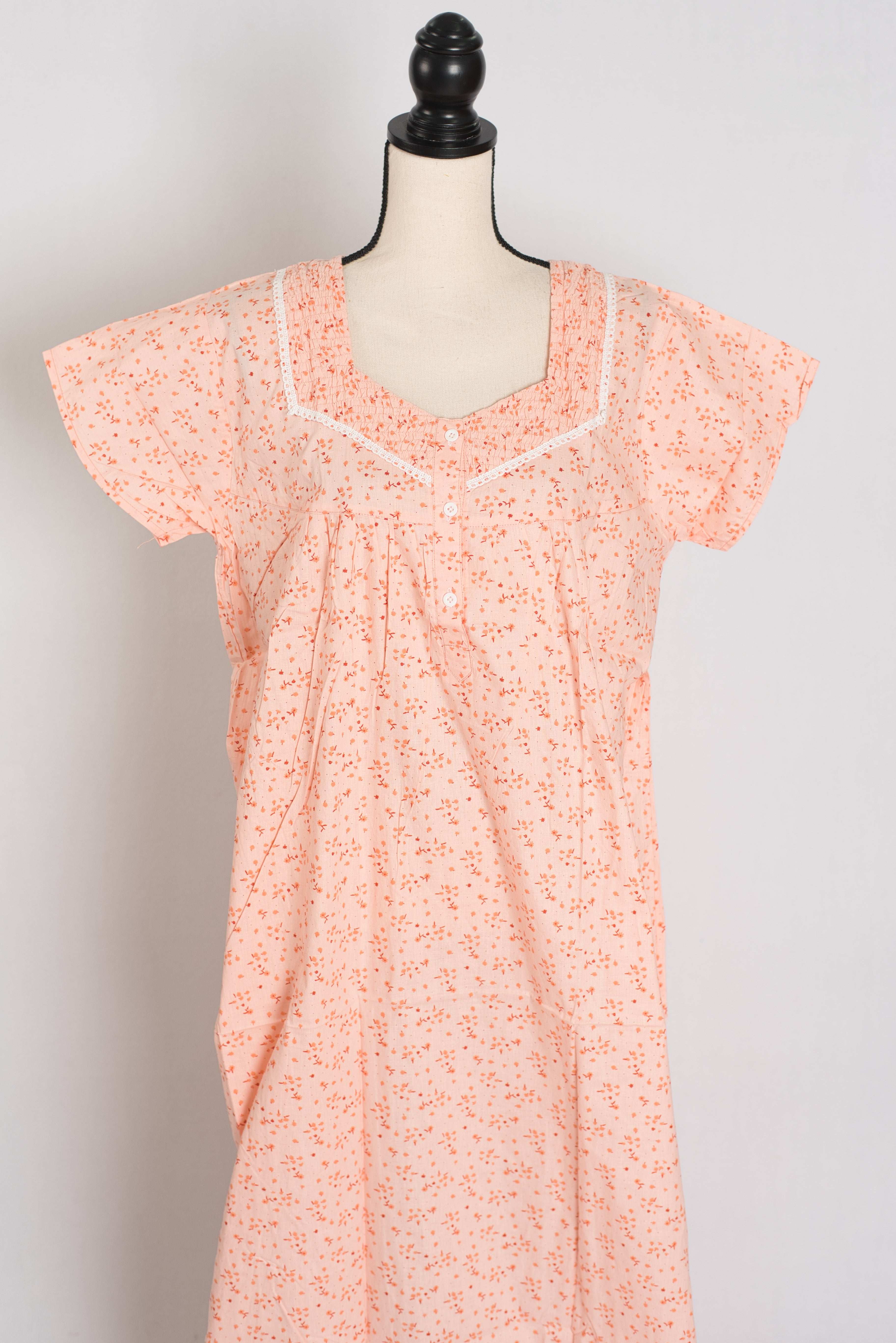 Floral Printed Peach Women Indian Cotton Nighty in Regular Size