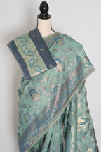 Mira | Pastel Blue Blended Cotton Saree | Traditional Baluchari Motifs