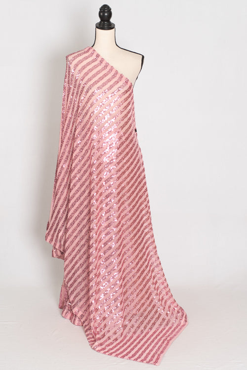 Afrin | Pink Soft Net Sequin Saree | Linear Shimmer Stripe Patterns