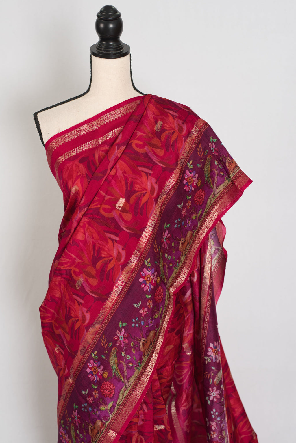 Stuti | Dark Rose Pink Dola Silk Banarasi Saree | Contrast Purple Floral Printed