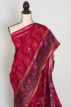 Stuti | Dark Rose Pink Dola Silk Banarasi Saree | Contrast Purple Floral Printed