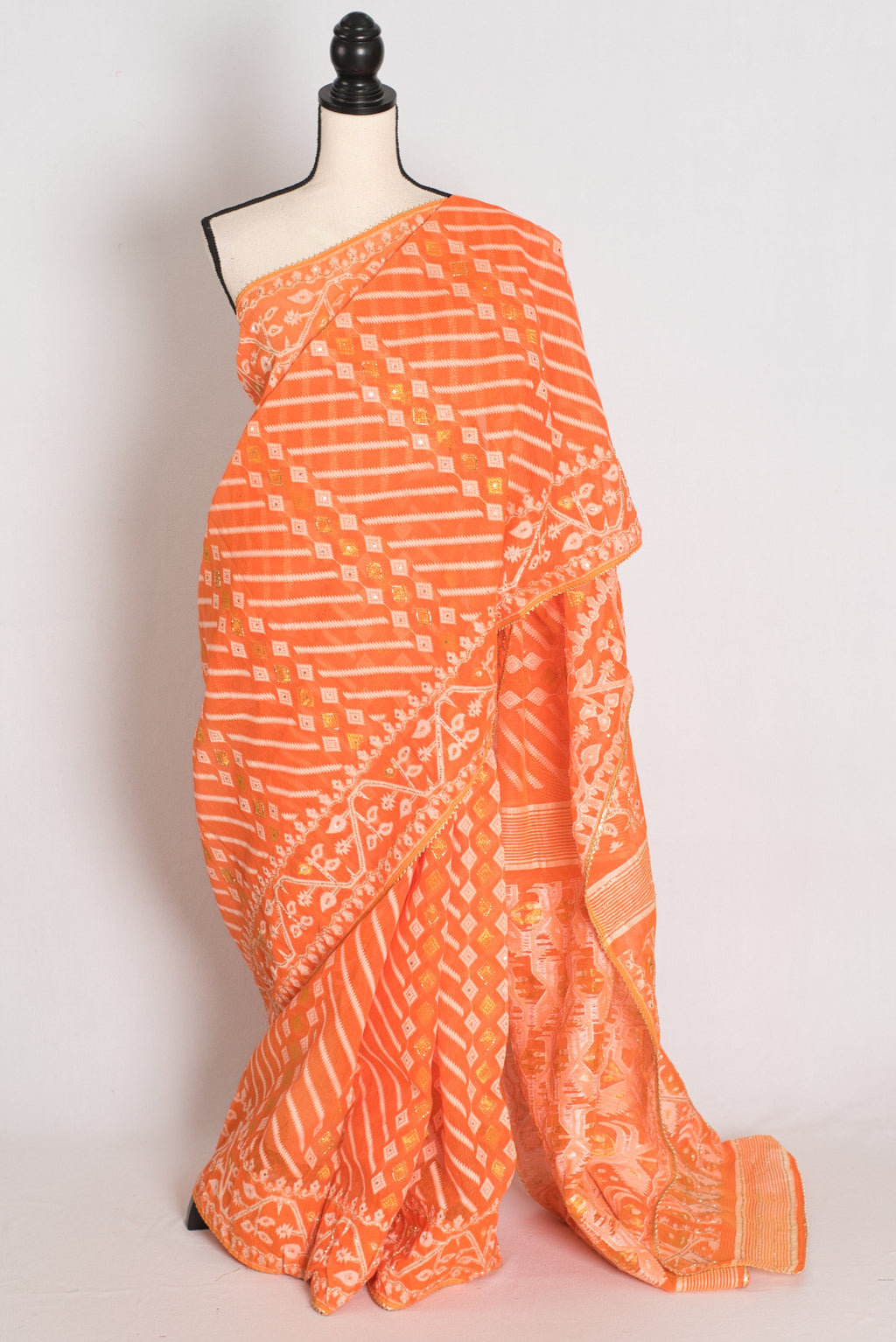 Sia : Festive Orange and White Blended Cotton Jamdani Saree with Hand Embroidery