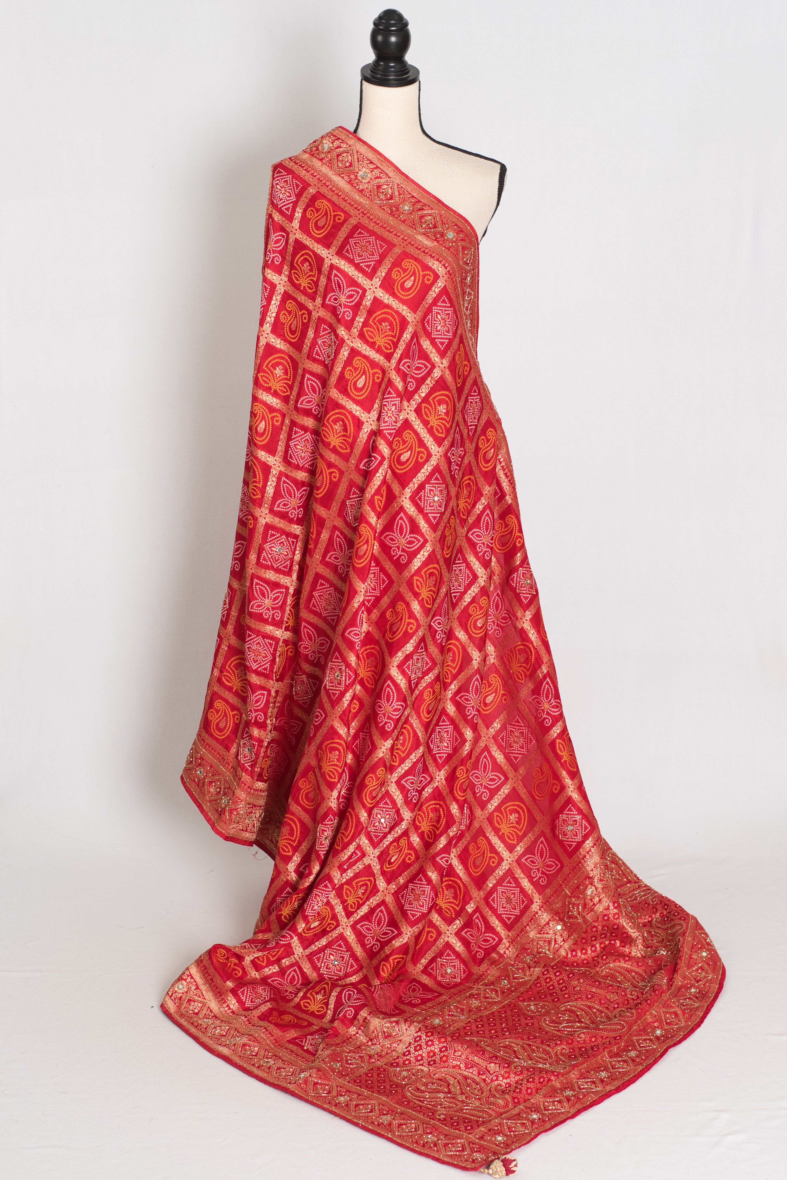 Radha | Red Dola Silk Gharchola Banarasi Saree | Hand-Embroidered Border & Pallu