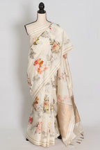 Sheuli : Ivory White Floral Printed Banarasi Katan Silk Saree