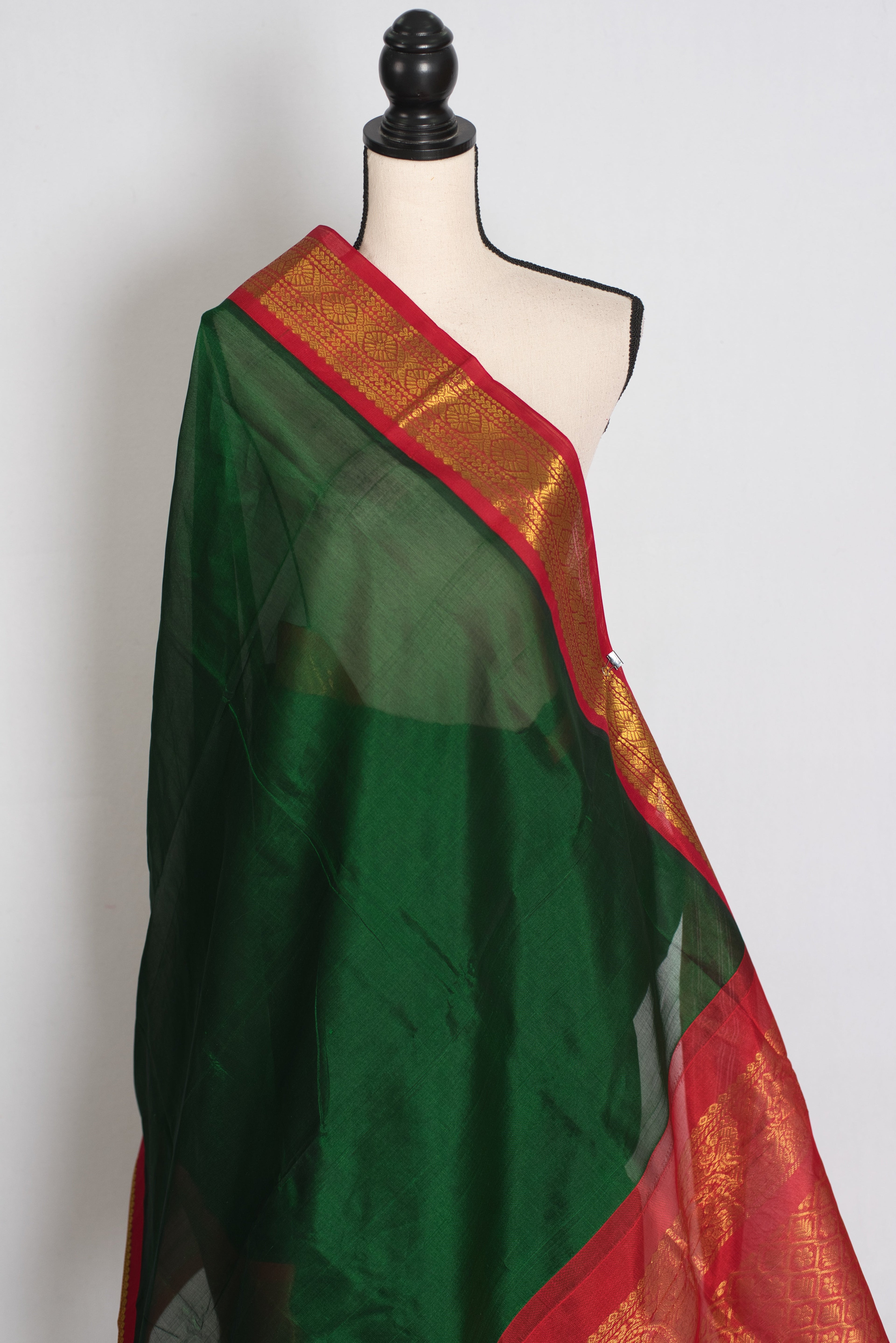 Latha : Bottle Green and Red Cotton Silk Kanjivaram Saree with 36 Size Blouse