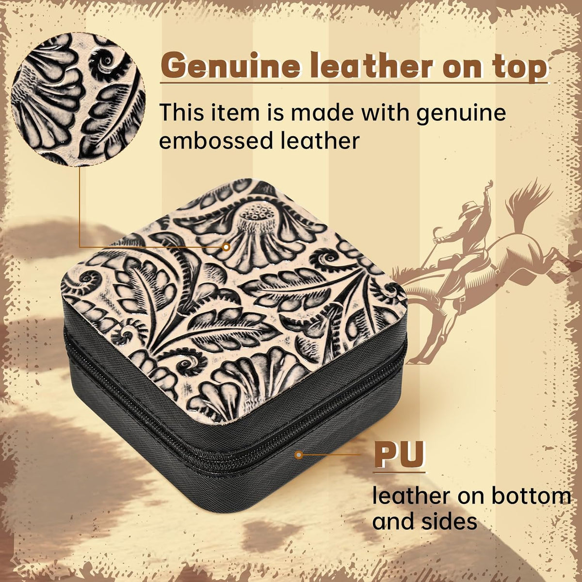 Western Jewelry Box Case Real Leather Black and Beige Embossed Tooled Travel Jewelry Organizer Gifts Christmas Gifts for Women Country Girls Cowgirl Stuff Portable Travel Accessories -Black