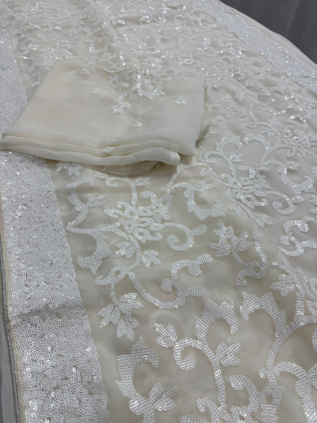 Damini | Ivory White Sequin Georgette Cocktail Saree | Classic Embroidery