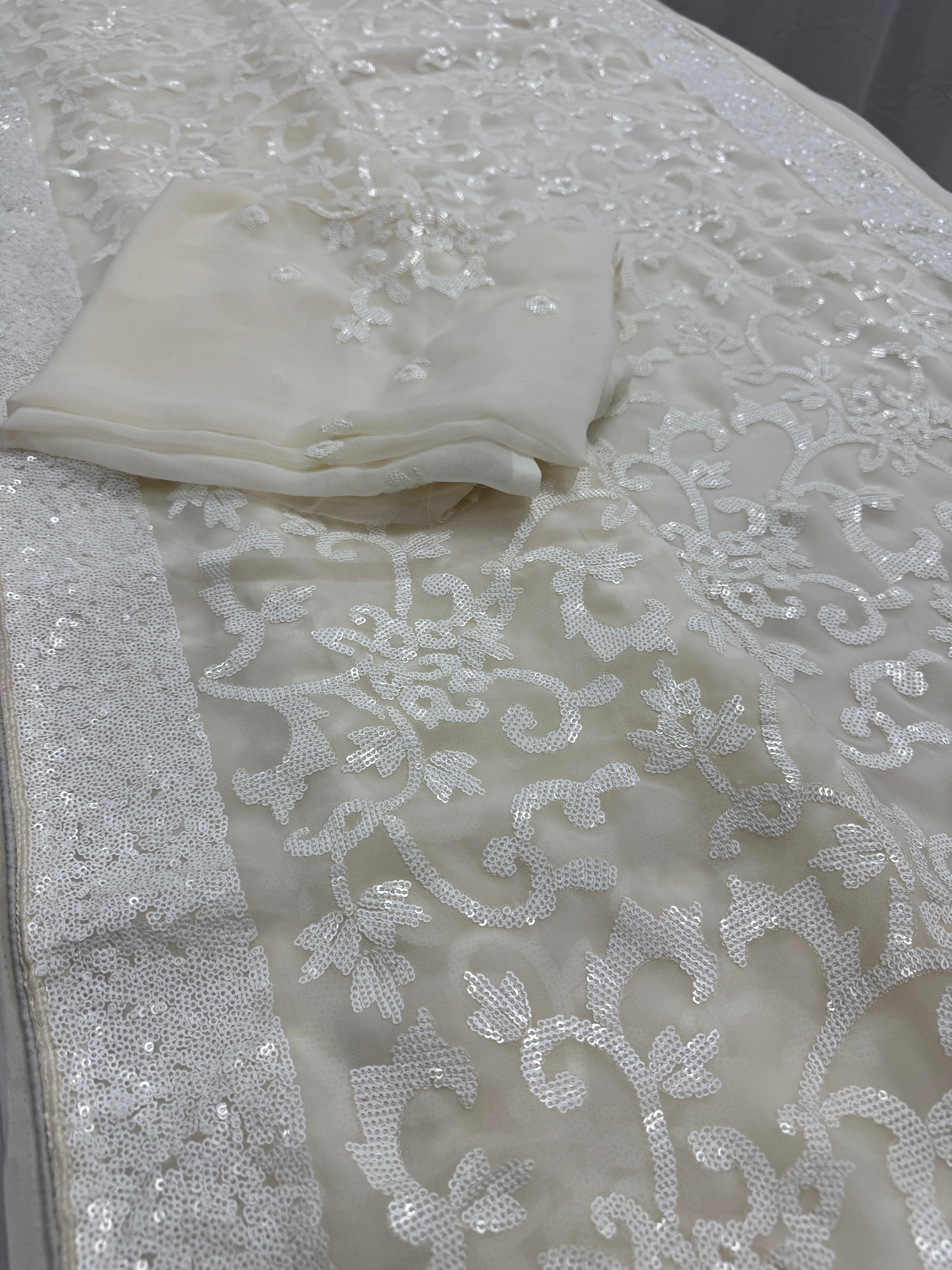 Damini | Ivory White Sequin Georgette Cocktail Saree | Classic Embroidery