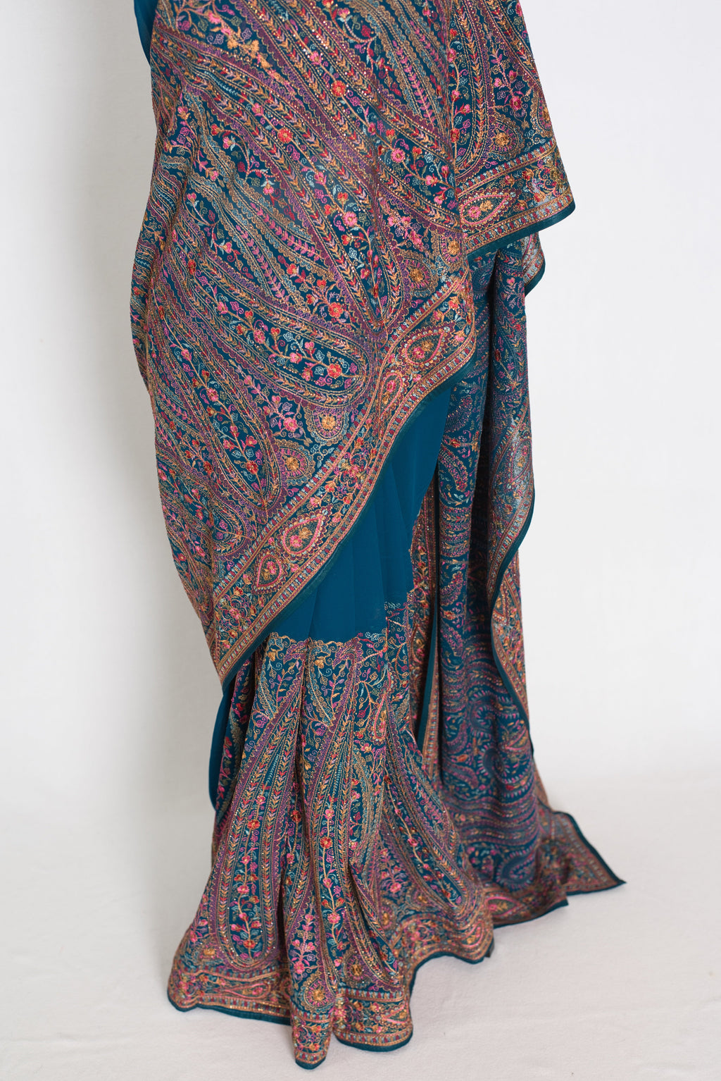 Mira | Cobalt Blue Georgette Saree | All-Over Multicolor Kashmiri Embroidery