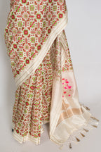 Ira : Off-White Ikkat Print Banarasi Katan Silk Saree – 38 Size Blouse