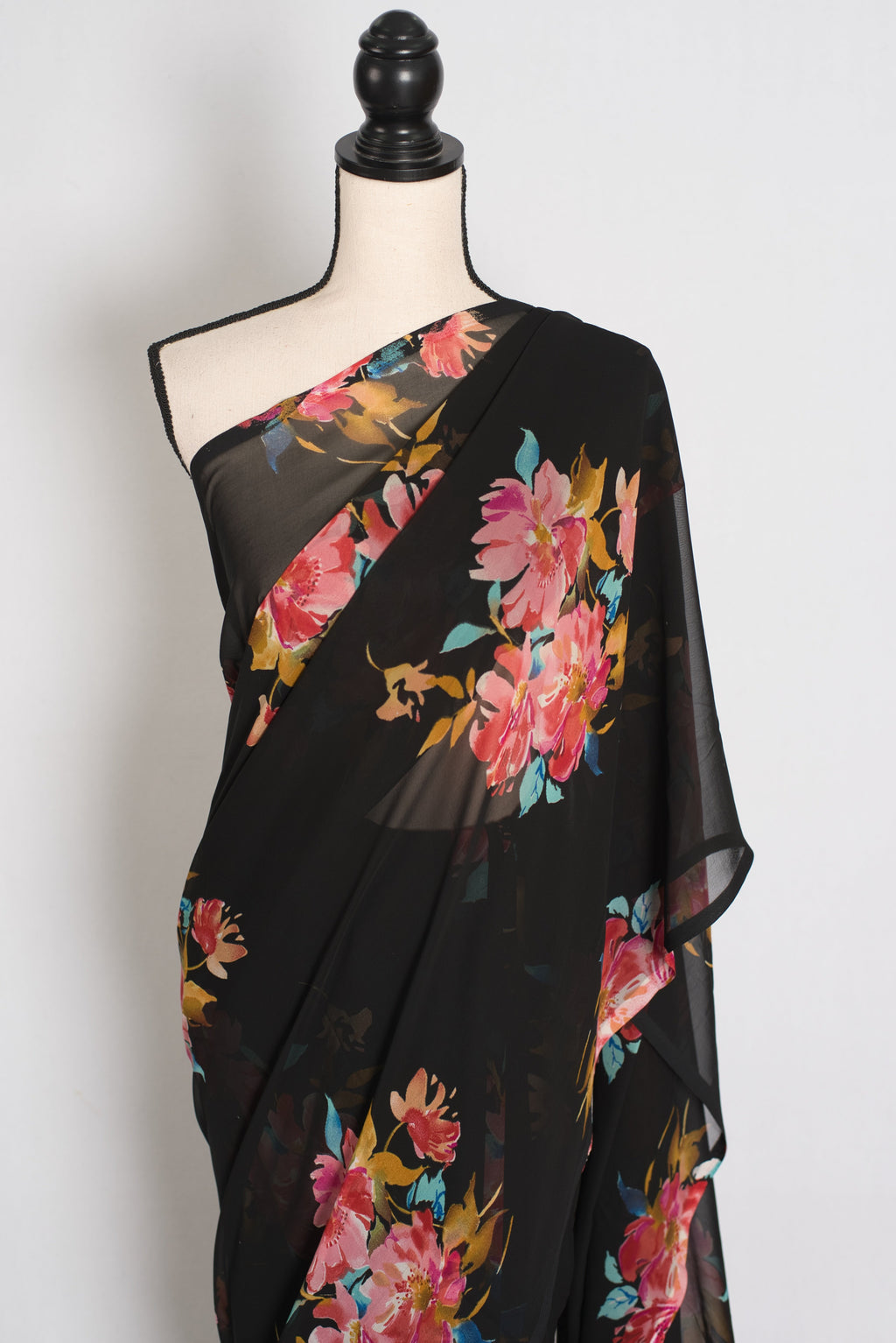 Nita : Black Floral Printed Chiffon Georgette Saree