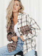 European And American Women's Clothing Wholesale Original Design Asymmetric Color-contrast Check Shirt Long Sleeve Lapel Casual Shirt 255270