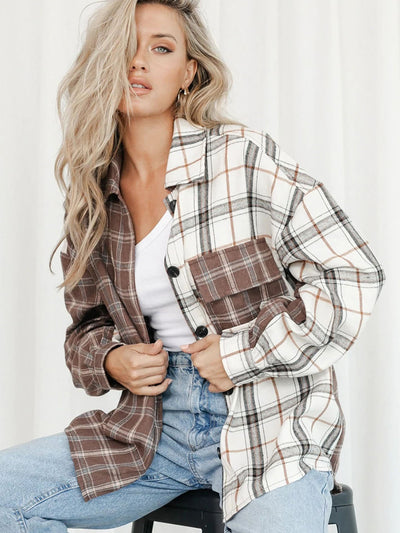 European And American Women's Clothing Wholesale Original Design Asymmetric Color-contrast Check Shirt Long Sleeve Lapel Casual Shirt 255270