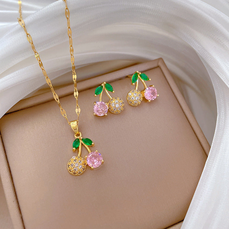 Cherry Diamond Micro Inlaid Real Gold Necklace Earrings
