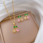Cherry Diamond Micro Inlaid Real Gold Necklace Earrings