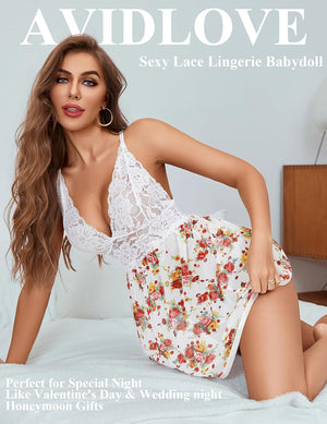 Women Lingerie Lace Babydoll Strap Chemise Halter Teddy V Neck Mesh Nightgown