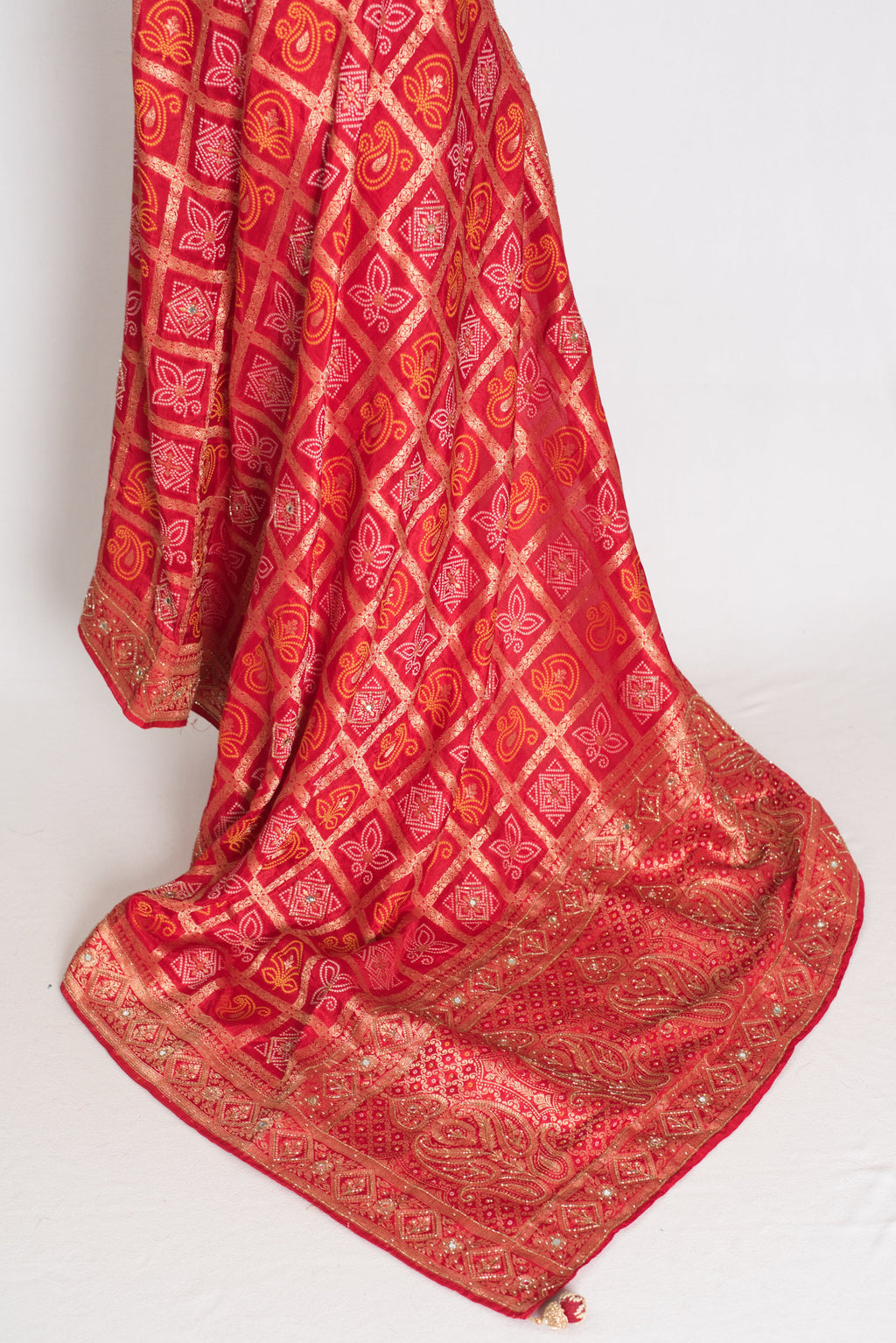 Radha | Red Dola Silk Gharchola Banarasi Saree | Hand-Embroidered Border & Pallu