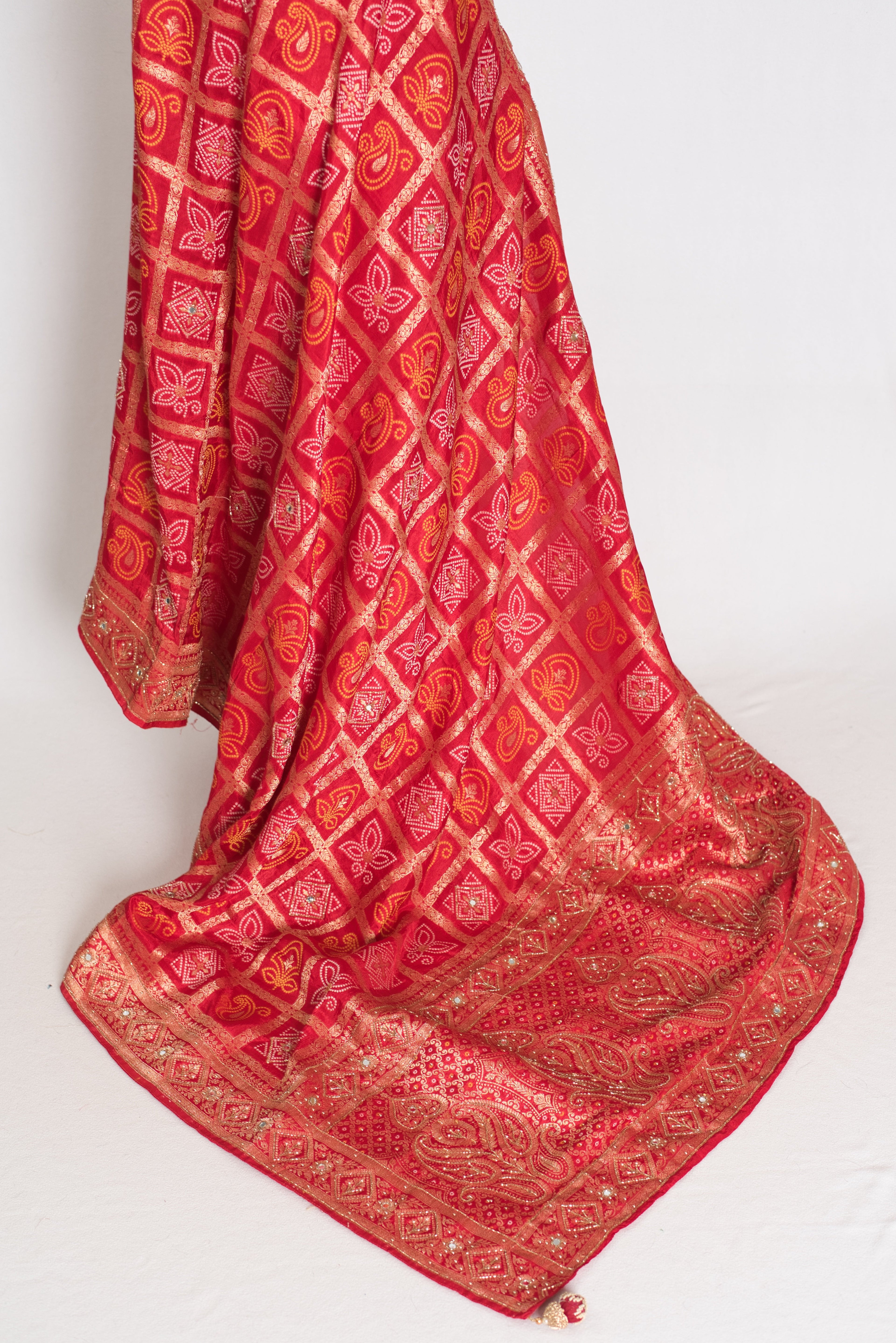 Radha | Red Dola Silk Gharchola Banarasi Saree | Hand-Embroidered Border & Pallu