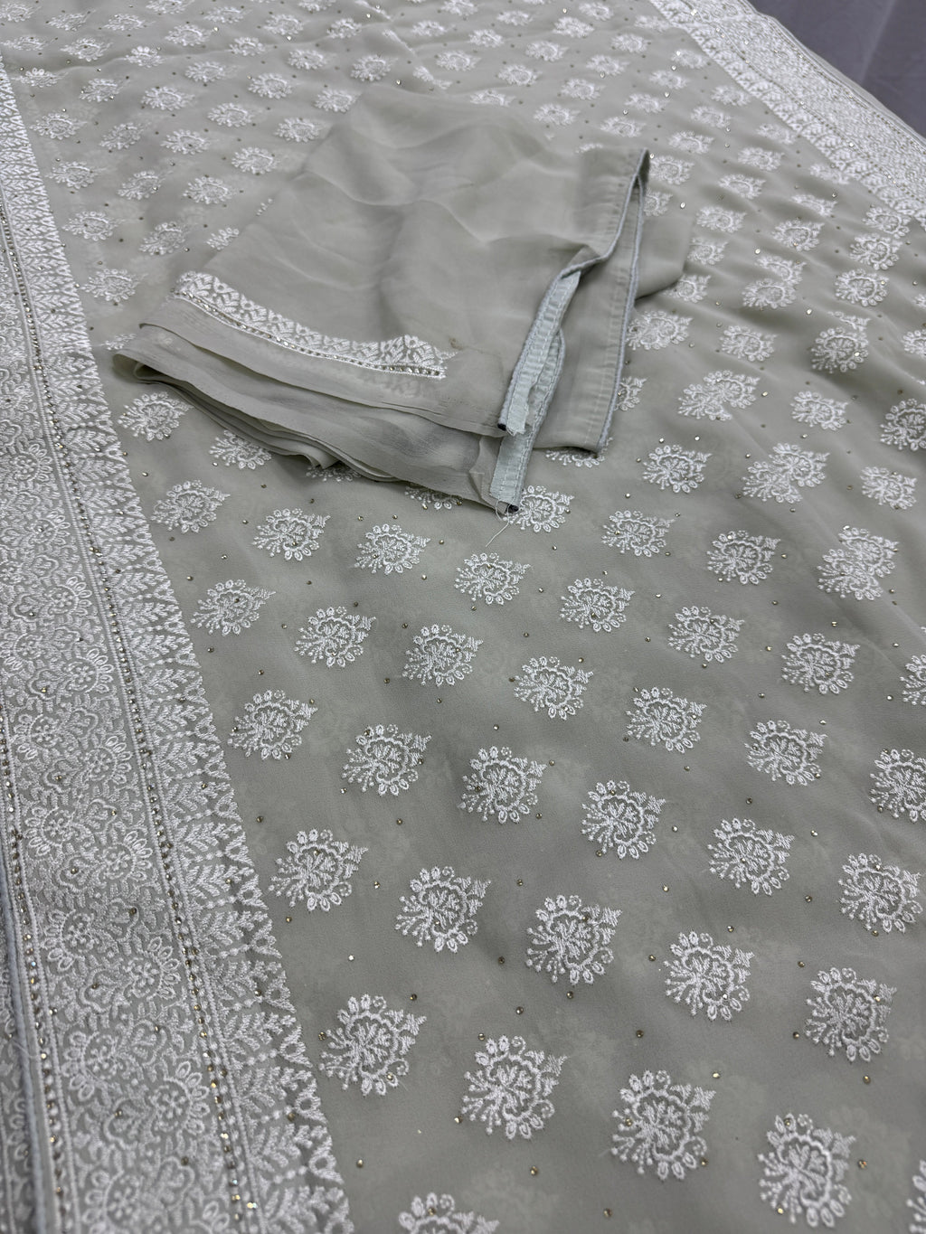 Medha | Sage Green Georgette Cocktail Saree | Elegant Pastel Floral Bootis