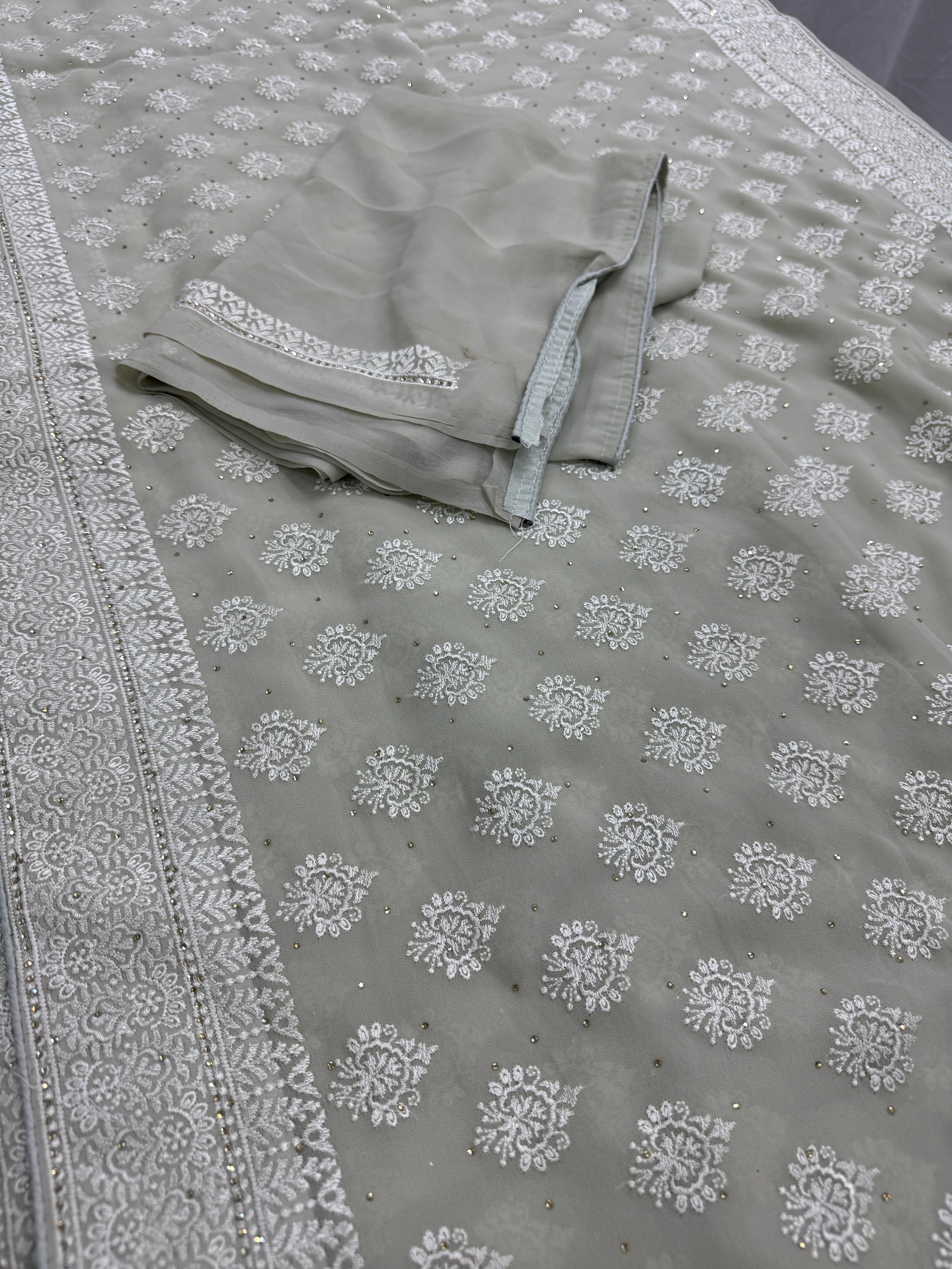 Medha | Sage Green Georgette Cocktail Saree | Elegant Pastel Floral Bootis