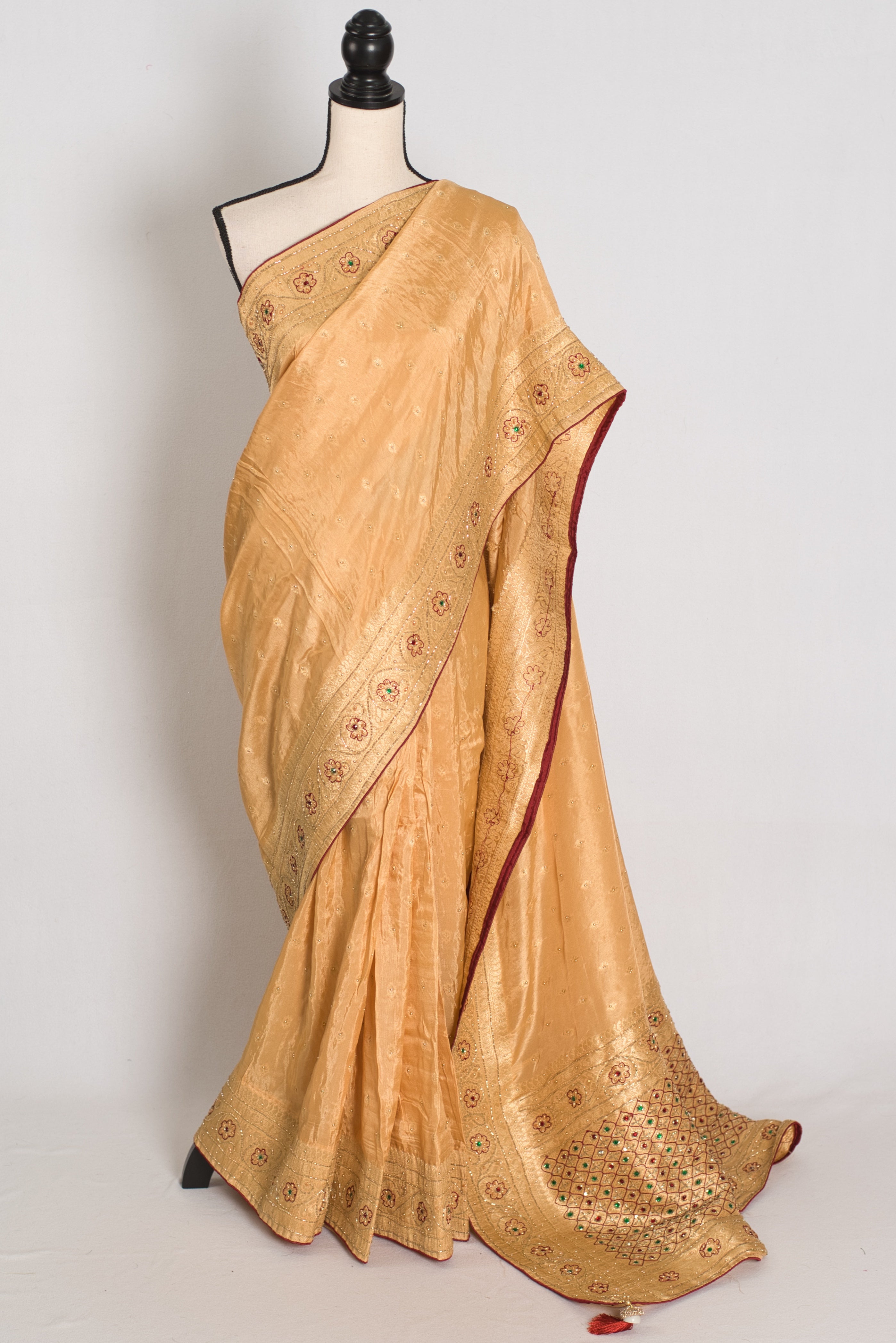 Benu : Beige and Gold Dola Silk Banarasi Saree with Hand-Embroidered Work