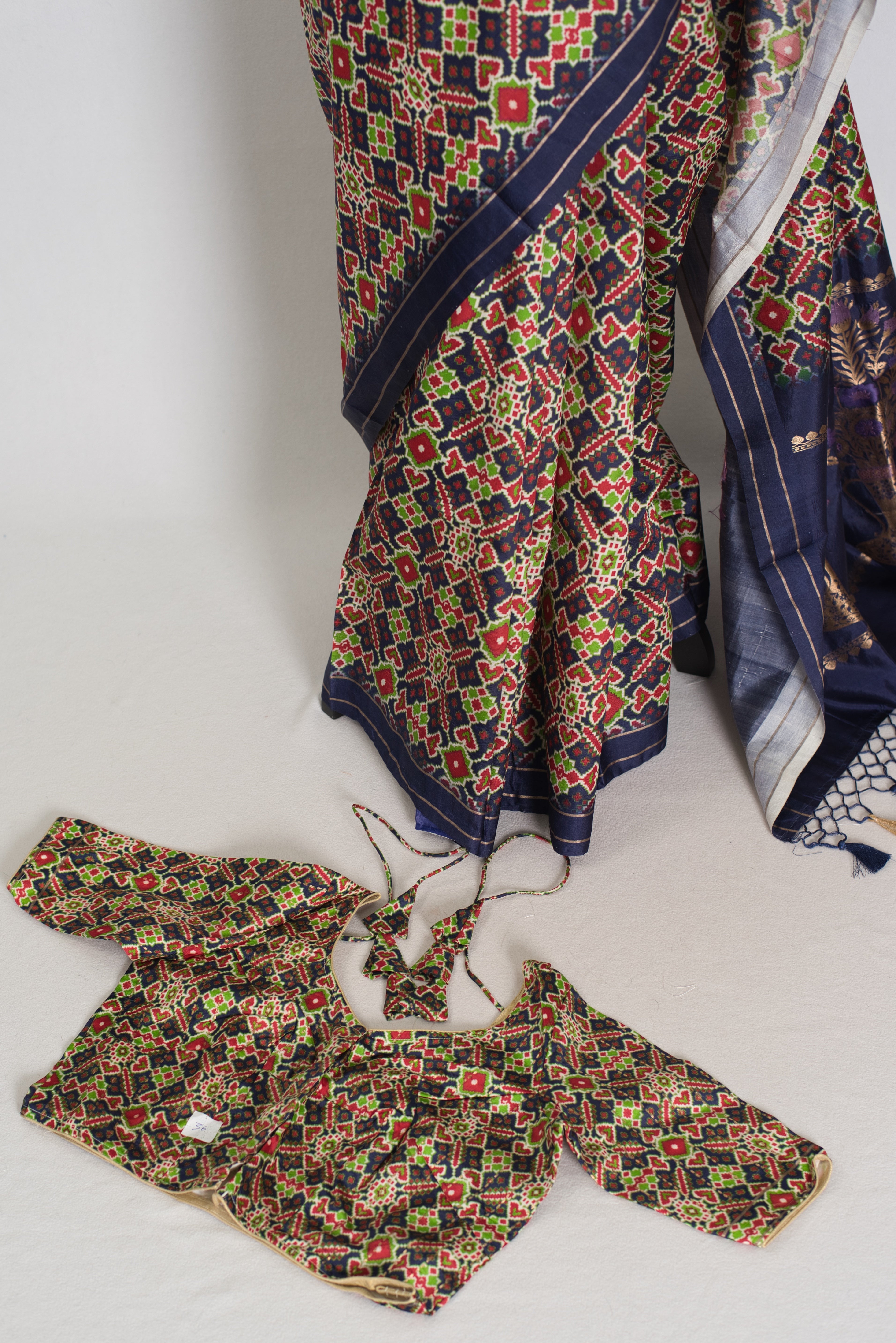 Leela : Navy Blue Ikkat Print Banarasi Silk Saree – with 36 Size Blouse