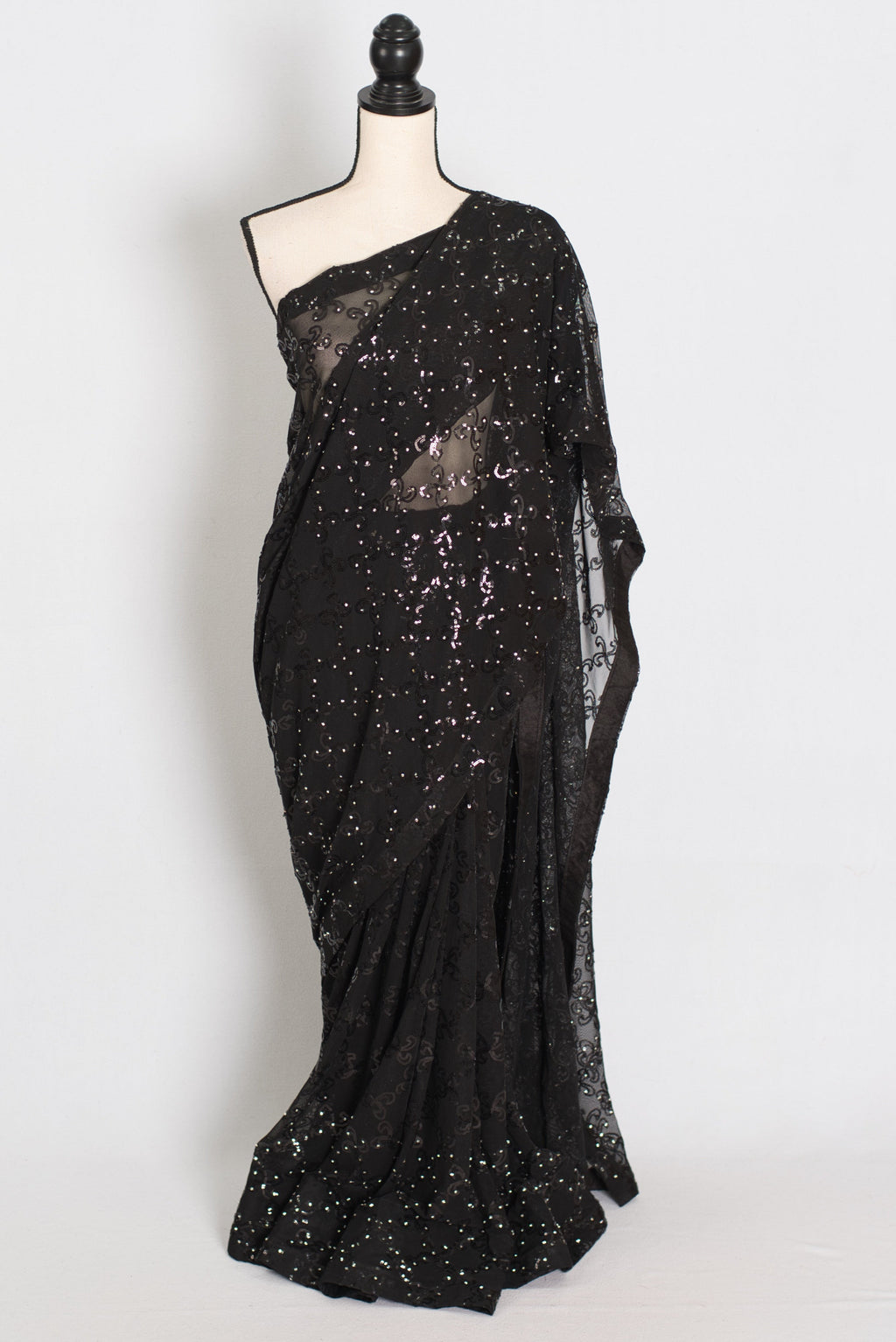 Kajaal | Black Soft Net Fitted Cocktail Saree| Sequins & Stone Embellishments