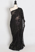 Kajaal | Black Soft Net Fitted Cocktail Saree| Sequins & Stone Embellishments