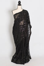 Kajaal | Black Soft Net Fitted Cocktail Saree| Sequins & Stone Embellishments
