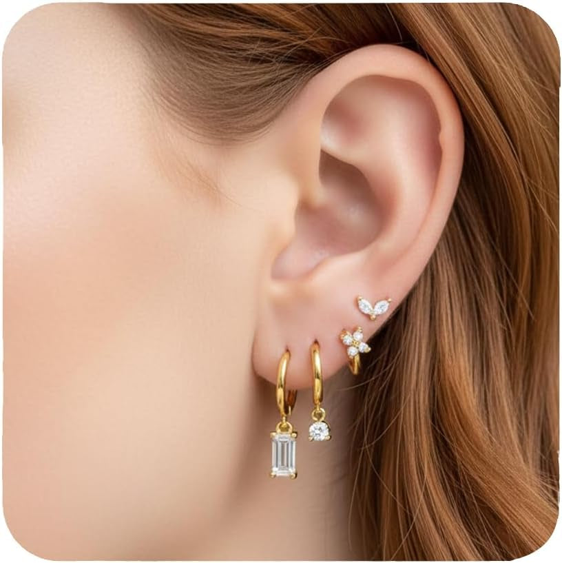 Earring Sets for Multiple Piercings – Gold-Tone Huggie Hoop & Stud Earrings Set – Hypoallergenic Cartilage Earrings for Women Lightweight Non Tarnish Earring Stack