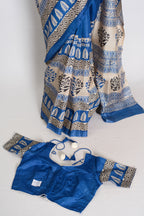 Mati Blue and White Hand Block Printed Tussar Silk Saree with 38 Size Blouse