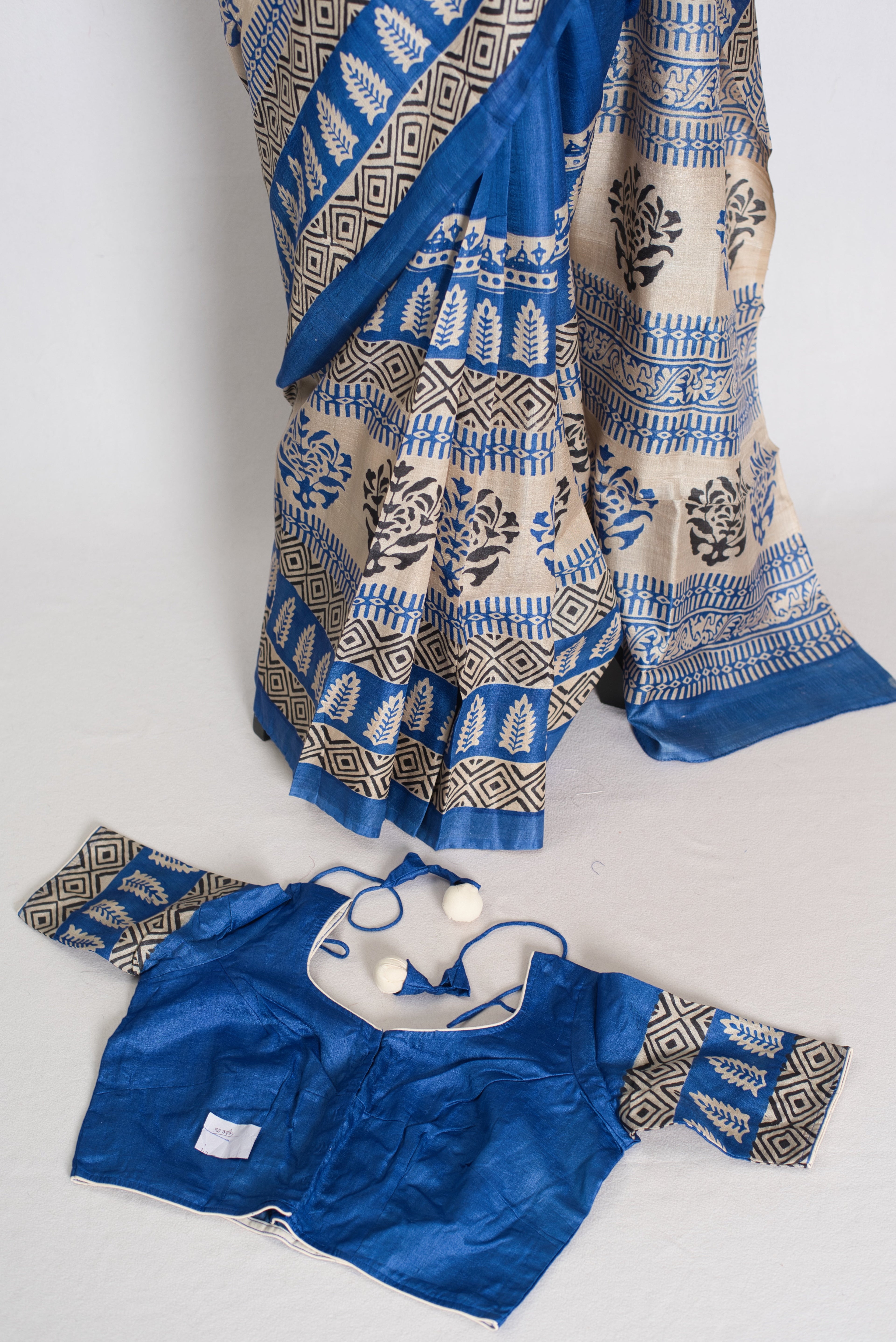 Mati Blue and White Hand Block Printed Tussar Silk Saree with 38 Size Blouse