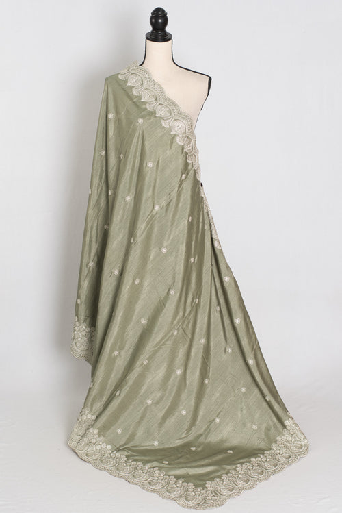 Hema | Sage Green Semi Tussar Silk Saree | Machine Embroidery & Scalloped Border