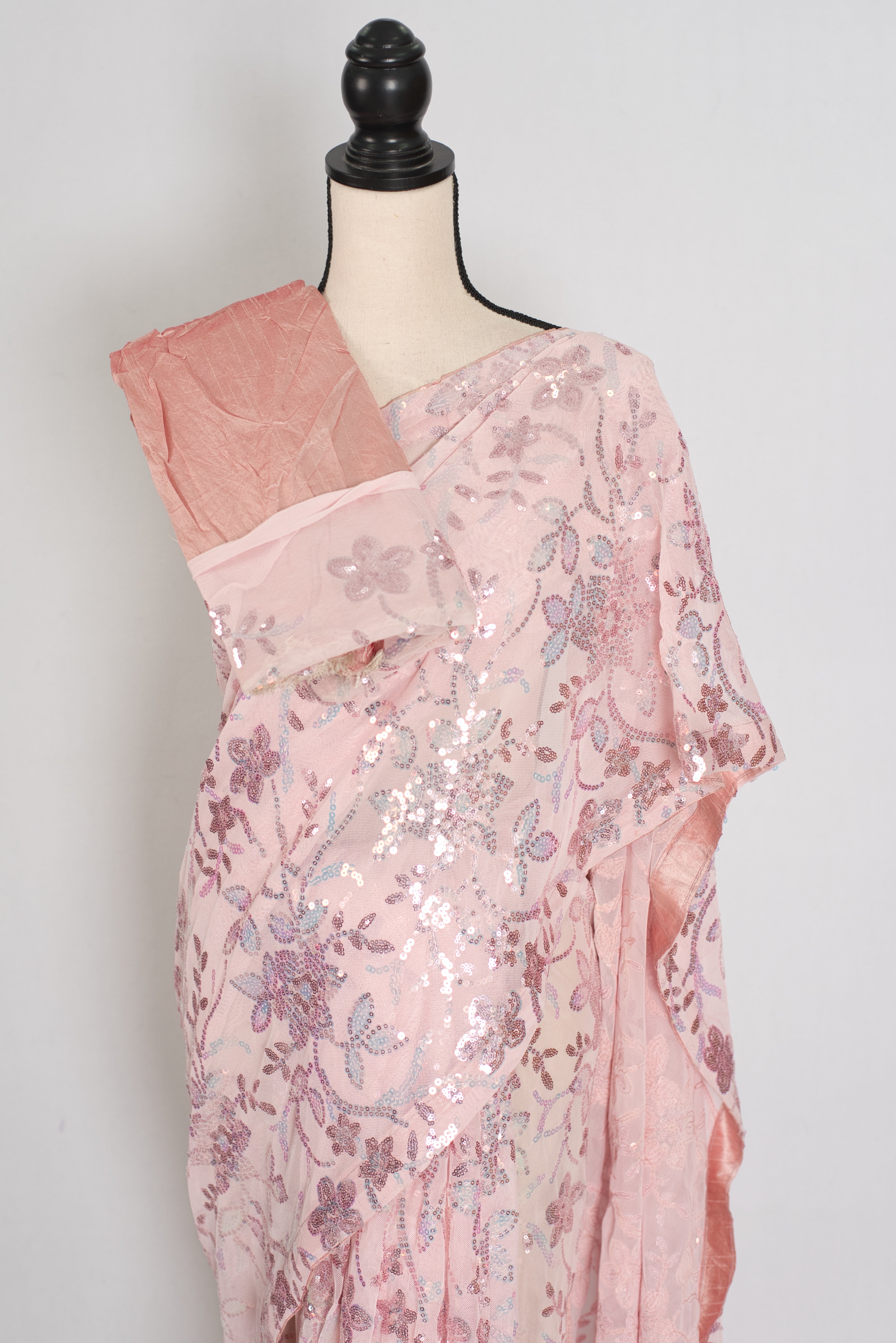 Ila | Baby Pink Soft Net Saree | Ready-to-Wear Set with Size 36 Stitched Blouse