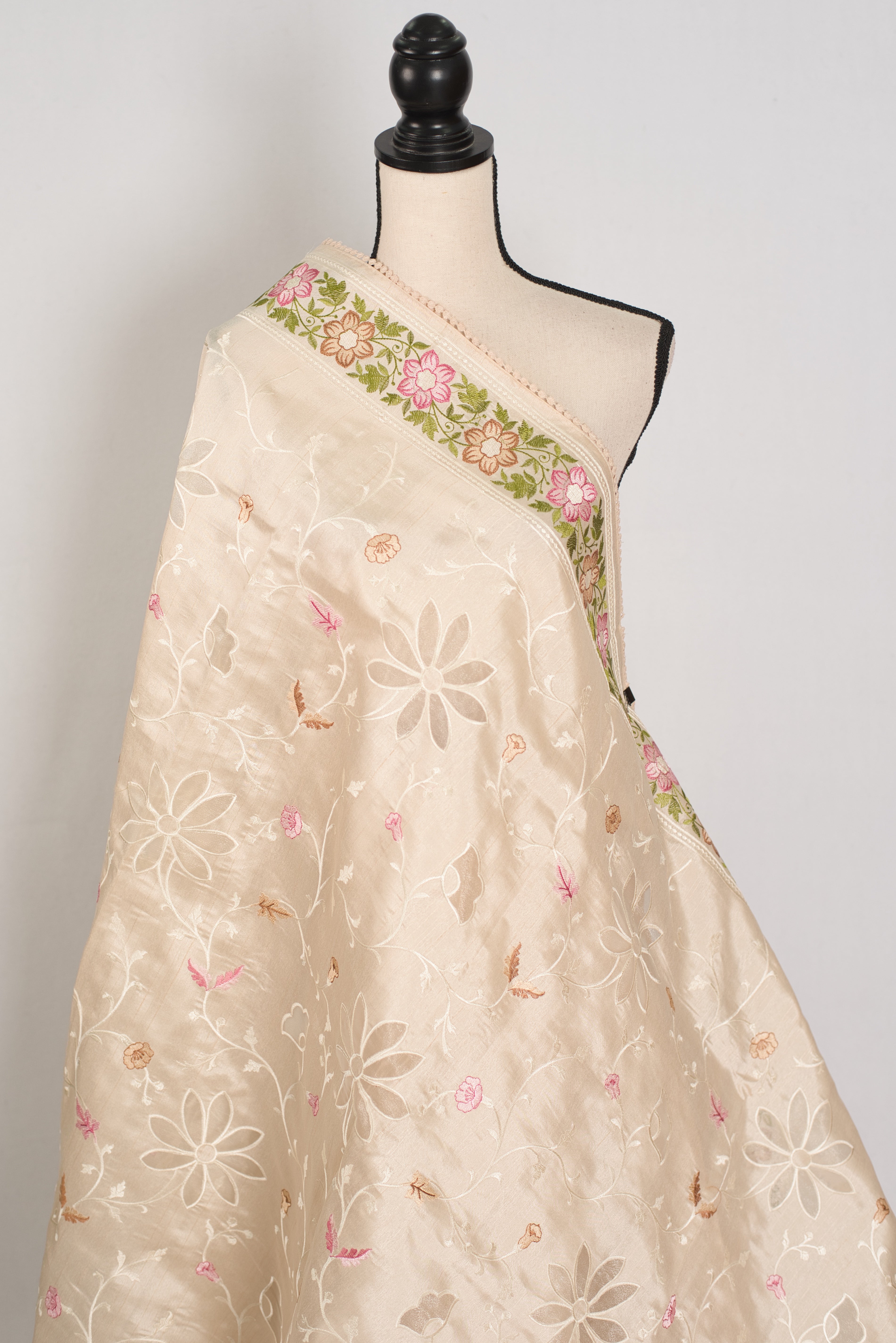 Shreya: Cream Semi Tussar Silk Saree with Multi-Color Cut Work Embroidery