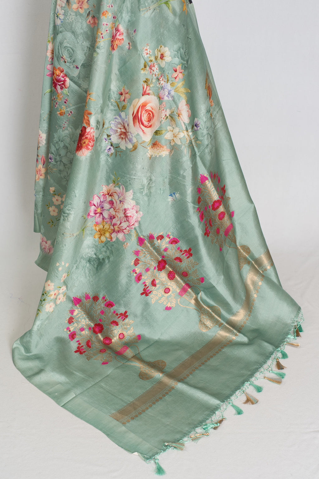 Soma : Sea Green Floral Banarasi Katan Silk Saree with 40 Size Stitched Blouse
