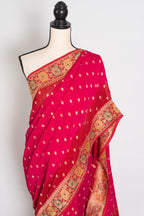 Nadira | Dark Pink & Red Crepe Georgette Banarasi Saree | Hand-Embroidery