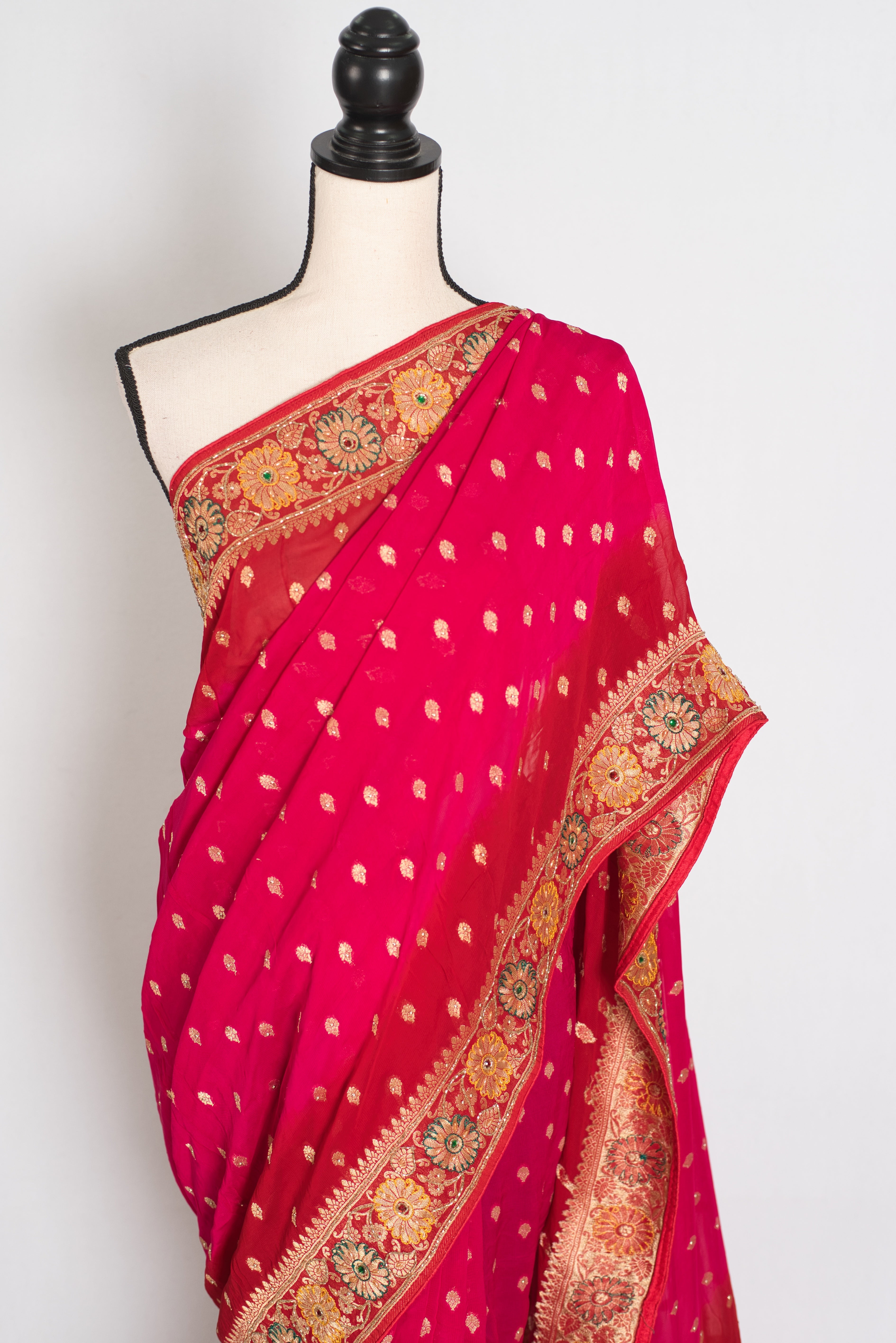 Nadira | Dark Pink & Red Crepe Georgette Banarasi Saree | Hand-Embroidery