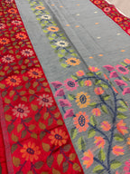 Bidisha | Grey & Red Semi Matka Tussar Jamdani Saree