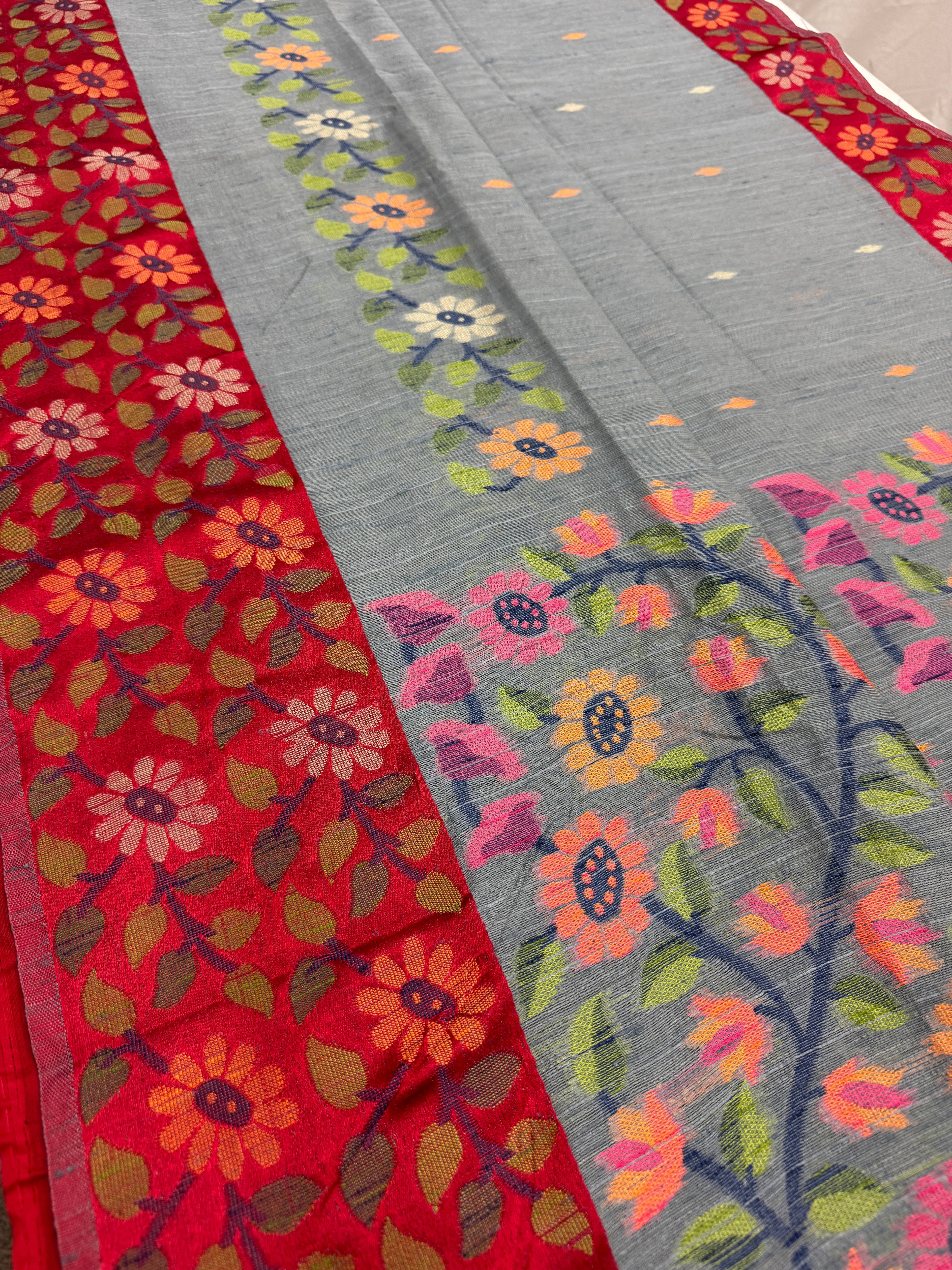 Bidisha | Grey & Red Semi Matka Tussar Jamdani Saree