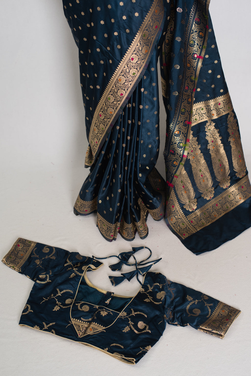Nayan | Midnight Blue Semi Mashru Banarasi Saree | Pre-Stitched Size 38 Blouse