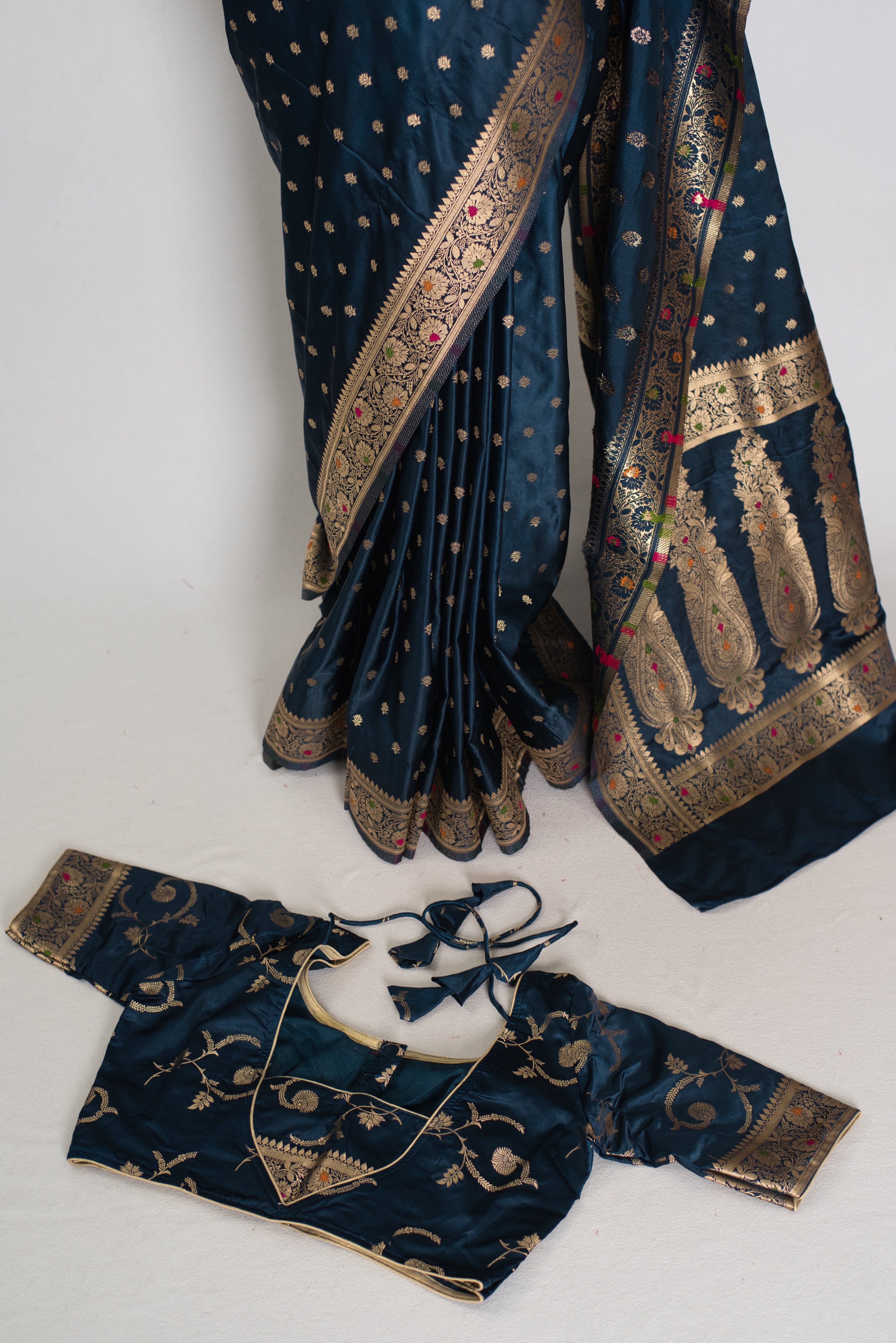 Nayan | Midnight Blue Semi Mashru Banarasi Saree | Pre-Stitched Size 38 Blouse